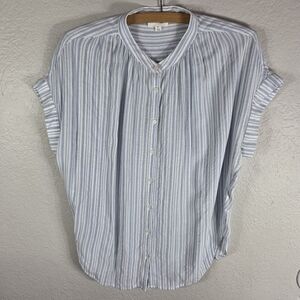 A Loves A Button Front Blouse Top Sz M Cap Sleeves White Blue Striped Mock Neck